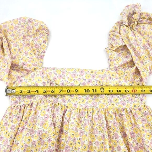 Storia Puff Sleeve Babydoll Mini Dress Size Large White Pink Yellow Floral - Picture 8 of 11
